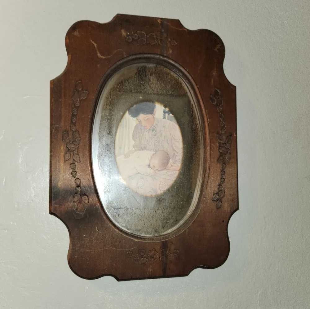 Antique 1930s Floral Etched Mirror Carved Wooden Frame